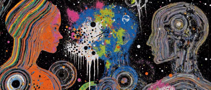 An abstract, colorful painting featuring two profiles facing each other with chaotic paint splatters, drips, and swirling patterns between them against a black background.
