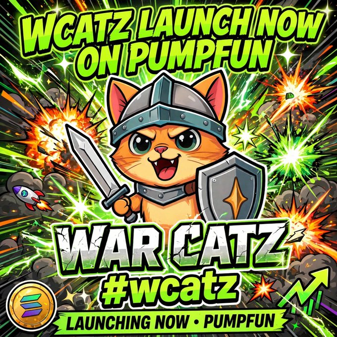 A promotional graphic features a cartoon cat warrior with text 'WCATZ LAUNCH NOW ON PUMPFUN' and '#wcatz LAUNCHING NOW · PUMPFUN'.
