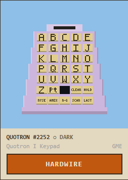 A vintage Quotron I keypad displays an alphabet grid and function keys (WYSE, MMEX, N-G, SCAN, LAST) in dark coloring against a lavender and orange background, with the caption "QUOTRON #2252 o DARK, Quotron I Keypad, HARDWIRE." The image relates to the post by showcasing a retro financial terminal, suggesting the joke that a "wirehouse" (a large brokerage firm) finally purchased its first vintage Quotron stock quotation device.