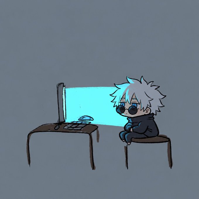 A chibi-style illustration shows a small white-haired character in a hoodie sitting on a stool, watching a glowing cyan computer monitor on a desk.