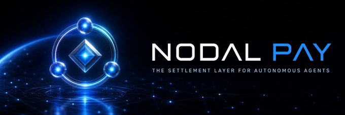 The image features a logo for Nodal Pay, which is an AI-based payment system that uses Autonomous Agents (AA) to settle transactions. The logo includes three blue balls arranged in a circle, with the middle ball being illuminated by blue light. Below the logo, there's text that reads "NODAL PAY: The settlement layer for Autonomous agents". This suggests that Nodal Pay is an AI-powered payment system designed to handle settlements and transactions without human intervention.