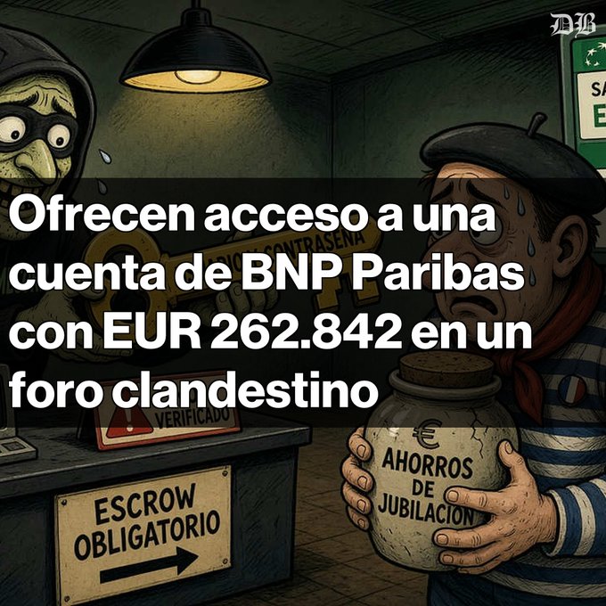 A Spanish-language cartoon illustration shows a thief offering a BNP Paribas account with EUR 262,842 on a clandestine forum, while a worried man clutches a jar labeled 'AHORROS DE JUBILACION.'