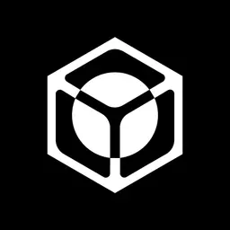 A minimalist white and black geometric logo depicting a 3D cube with a circular core design on a black background.
