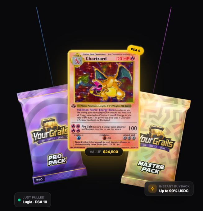 A digital display showcases a PSA 9 Charizard Pokemon card from YourGrails, valued at $24,500, alongside Pro Pack and Master Pack options.