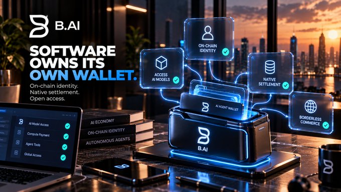 A promotional image for 'B.AI' with the tagline 'SOFTWARE OWNS ITS OWN WALLET' and features like 'ON-CHAIN IDENTITY,' 'ACCESS AI MODELS,' and 'NATIVE SETTLEMENT,' depicting a futuristic AI wallet setup.