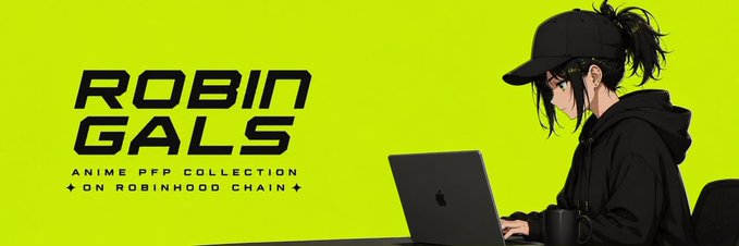 A banner with a yellow background featuring an anime-style character in a black hoodie and cap using a laptop, alongside the text "ROBIN GALS - ANIME PFP COLLECTION ON ROBINHOOD CHAIN".