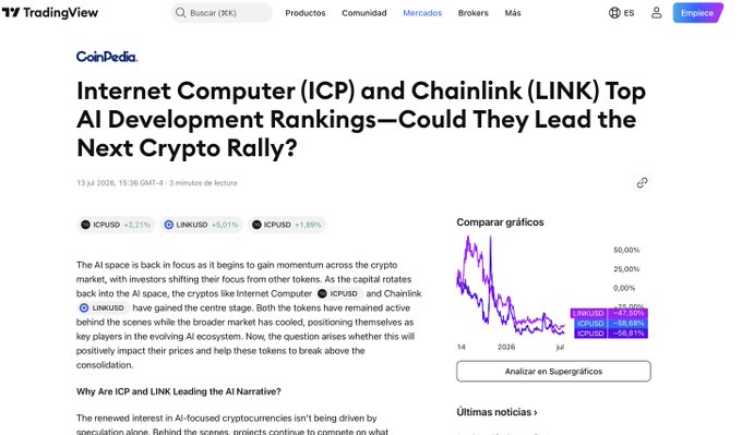 TradingView/CoinPedia article titled 'Internet Computer (ICP) and Chainlink (LINK) Top AI Development Rankings—Could They Lead the Next Crypto Rally?' dated 13 Jul 2026, showing price changes for ICPUSD (+2.21%), LINKUSD (+5.01%), and ICPUSD (+1.89%) with a comparative chart.