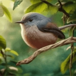 The image features a small bird perched on a branch, surrounded by green leaves. The bird appears to be sitting on a twig or a thin tree branch, possibly resting after flying around. The background of the image consists of more green leaves, creating a natural and serene atmosphere for the scene.
