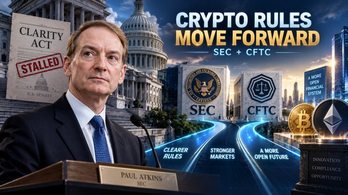 A news graphic titled 'CRYPTO RULES MOVE FORWARD' showing SEC Chair Paul Atkins, with a 'Stalled' Clarity Act document and imagery representing the SEC, CFTC, and digital assets.