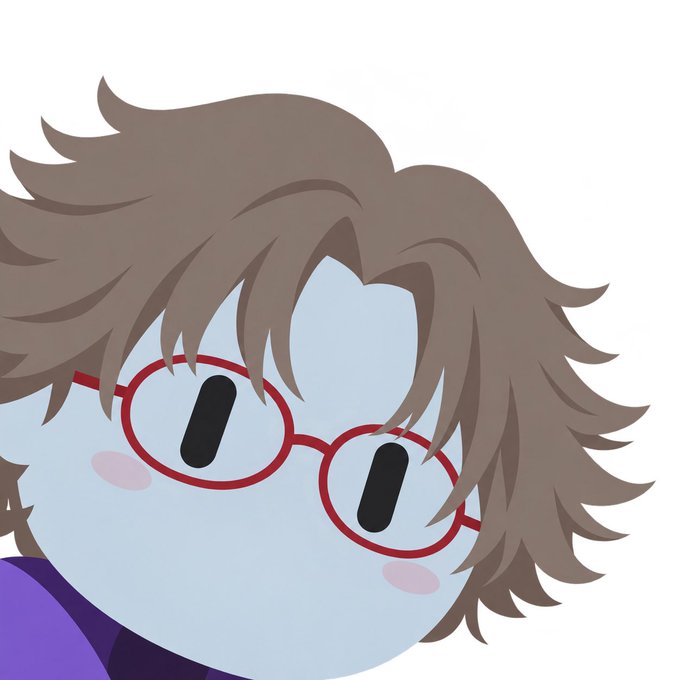 Digital illustration of a cute, round blue character with messy brown hair wearing round red glasses.