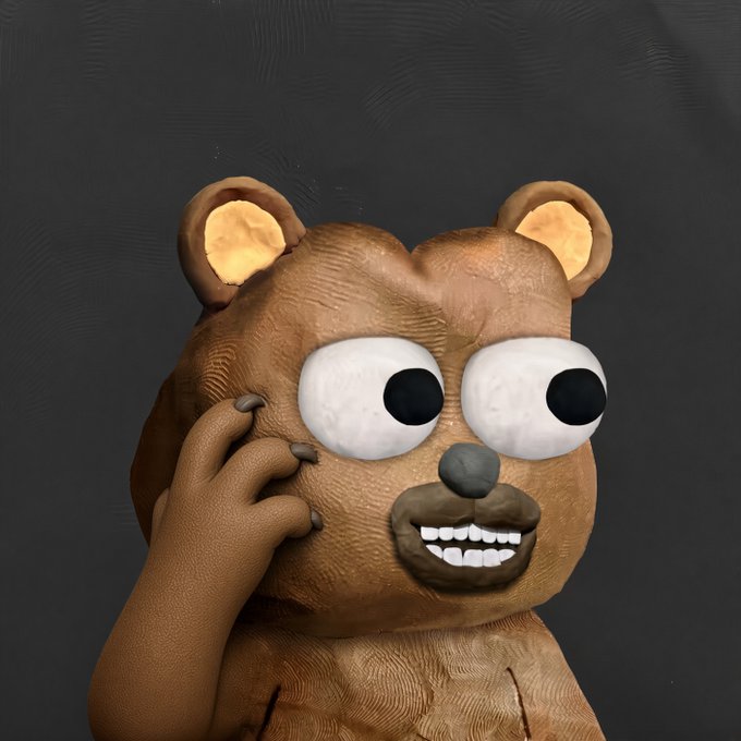 A 3D rendered brown bear character with large white eyes, a wide toothy grin, and a hand placed on its cheek against a dark gray background.