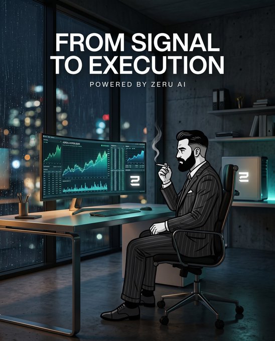 A promotional image titled 'FROM SIGNAL TO EXECUTION POWERED BY ZERU AI' depicts an illustrated bearded man smoking at a desk with stock market charts on dual monitors.