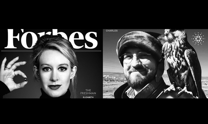 The image shows a black and white photo of two people, one wearing a hat and the other with glasses. The caption reads "Charles #Cardano #ADA #CardanoCommunity" which refers to Charles as a character from the movie "Elizabeth". This suggests that there is a connection between the person in the photo and the character Elizabeth from the film.