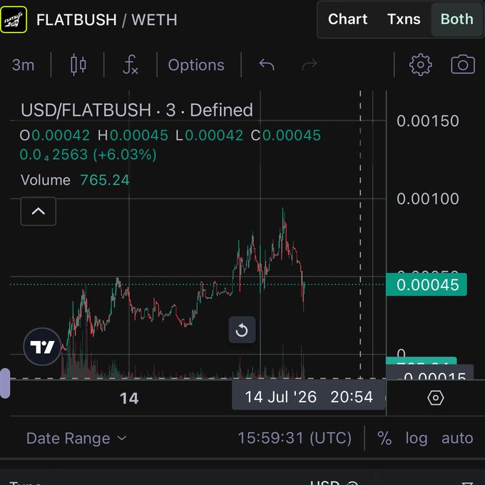 A dark-themed financial trading chart interface displaying the FLATBUSH/WETH trading pair on a 3-minute timeframe, showing a current price of 0.00045 with a +6.03% change.