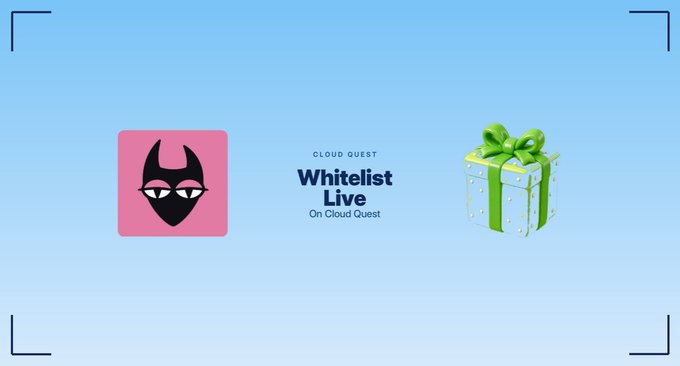 A whimsical graphic announces a NFT whitelist event on Cloud Quest, featuring an art-style illustration of a mysterious masked figure alongside a gift box, with text reading "Whitelist Live On Cloud Quest" to promote Swift Official's 65 available whitelist spots.