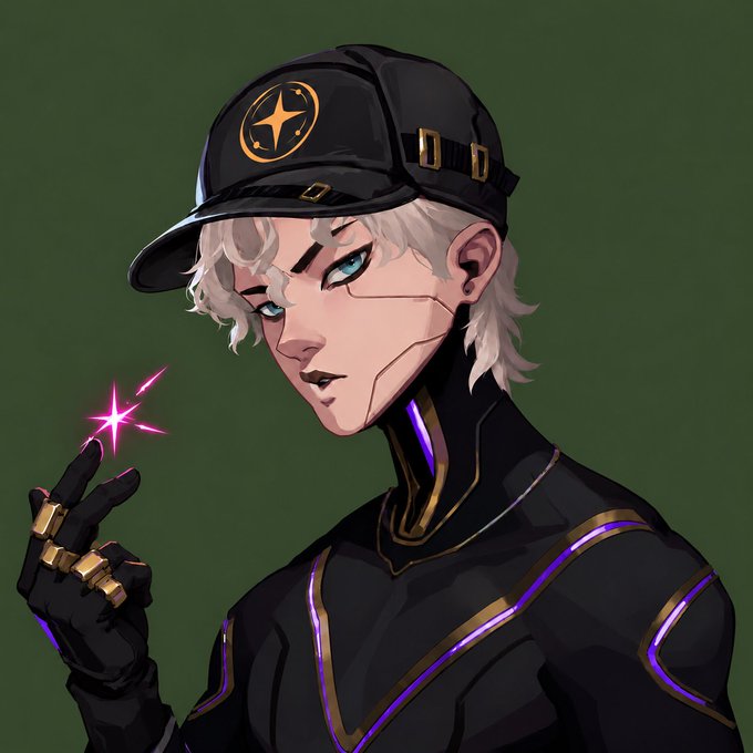 A digital anime-style illustration of a character with white curly hair wearing a black cap with a gold star logo and a black and gold futuristic suit, holding up a finger with a pink sparkle effect.