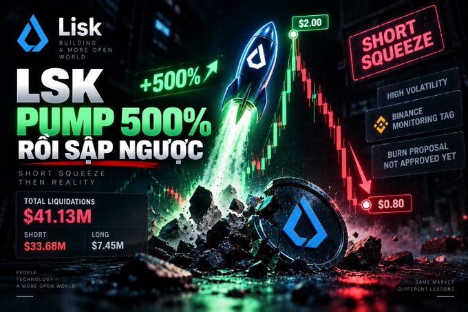 A promotional graphic for Lisk showing a rocket and the text 'LSK PUMP 500%', 'RỒI SẮP NGƯỢC', 'SHORT SQUEEZE THEN REALITY', with stats like 'TOTAL LIQUIDITIES $41.13M' and prices ranging from $0.80 to $2.00.