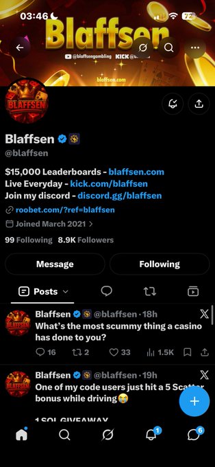 A Twitter/X profile for 'Blaffsen' (@blaffsen) shows 99 Following and 8.9K Followers, with visible posts including 'What's the most scummy thing a casino has done to you?' and another about a code user hitting a scatter bonus.