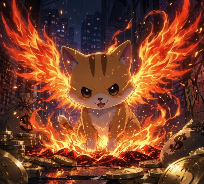 An anime-style digital illustration of a fierce orange tabby kitten with flaming wings and a fiery aura, sitting among piles of gold coins and money bags marked with dollar signs.