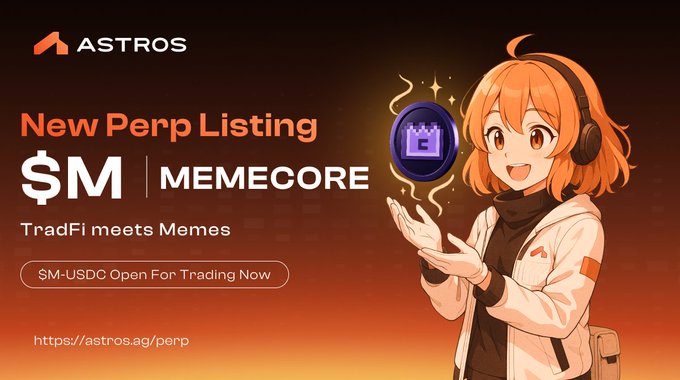 The image features an anime character, possibly a girl or a boy, dressed in white clothing with brown hair. The character appears to be holding up a purple coin that has a gold emblem on it. The background of the image is dark orange, which contrasts with the white text and purple coin. The text at the bottom of the image reads "New Perp Listing $M is now live on Astros. This marks the beginning of a broader vision: Bringing real-world financial markets onchain through MemeFi-native distribution."