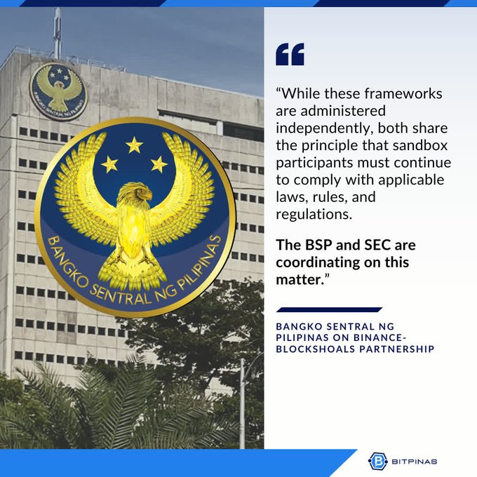 The image shows a building with a large circular logo featuring an eagle, which appears to be the name of a company or organization. The text in the image states that "While these framework are independently, both share the principle that sandbox participants must continue to comply with applicable laws, rules and regulations". This implies that there is a partnership between two companies, one being Blockshoals Philippines and the other being Binance. The post also mentions that the SEC doesn't have a Sandbox license from the Philippines, which could be due to various reasons such as lack of compliance or non-compliance with applicable laws, rules, and regulations.