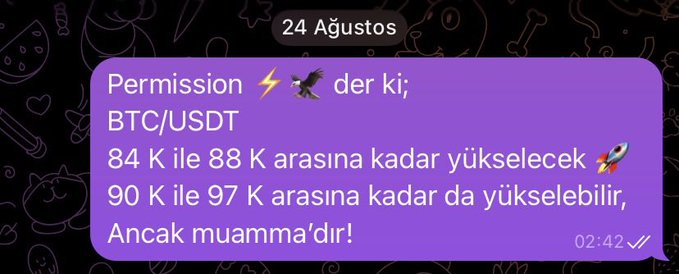 A purple Telegram message dated August 24 at 02:42 predicting BTC/USDT will rise between 84K-88K and potentially 90K-97K, but remains uncertain.