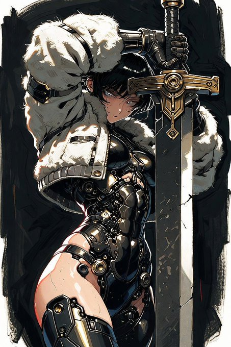 An anime-style illustration of a dark-haired character in black cybernetic armor and a thick fur-lined coat, holding a massive, ornate sword vertically.