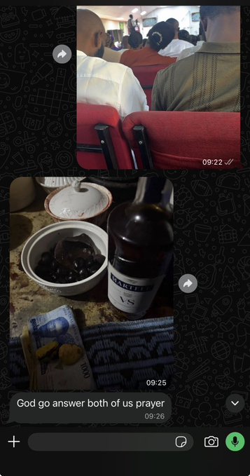 The screenshot displays a WhatsApp conversation with two images: the top shows people seated at a conference or event, while the bottom features a Davidoff VS cognac bottle beside a bowl of food with a currency note, captioned "God go answer both of us prayer." The images humorously suggest that both the user and the person they're addressing are seeking divine intervention—possibly to clarify the confusion expressed in the post about people "doing" (scamming) in the Web3 community.