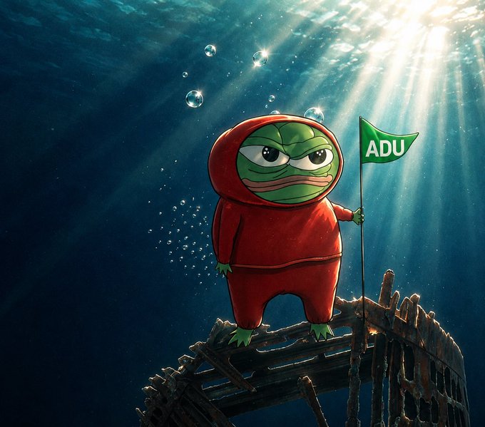 A digital illustration of a Pepe the Frog character in a red tracksuit holding a green flag with 'ADU' written on it, standing underwater on a sunken wooden structure with sun rays piercing the surface.