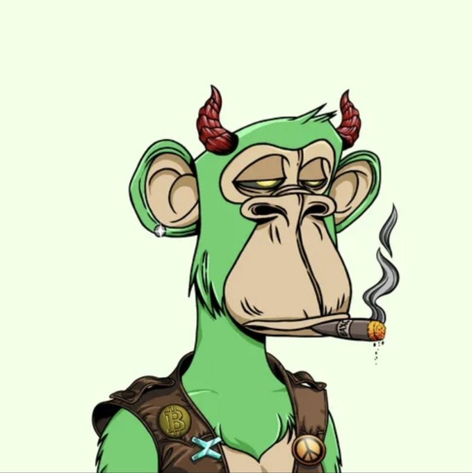 A cartoon illustration of a green monkey character with red horns, smoking a cigar, wearing a leather vest adorned with a Bitcoin (₿) badge and other pins, with an earring.
