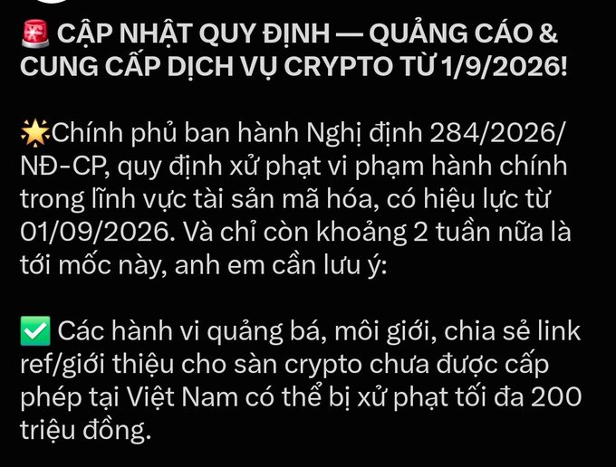 Vietnamese text announcing new regulations on crypto advertising effective September 1, 2026, referencing Decree 284/2026/ND-CP and mentioning penalties up to 200 million VND for promoting unlicensed crypto platforms.