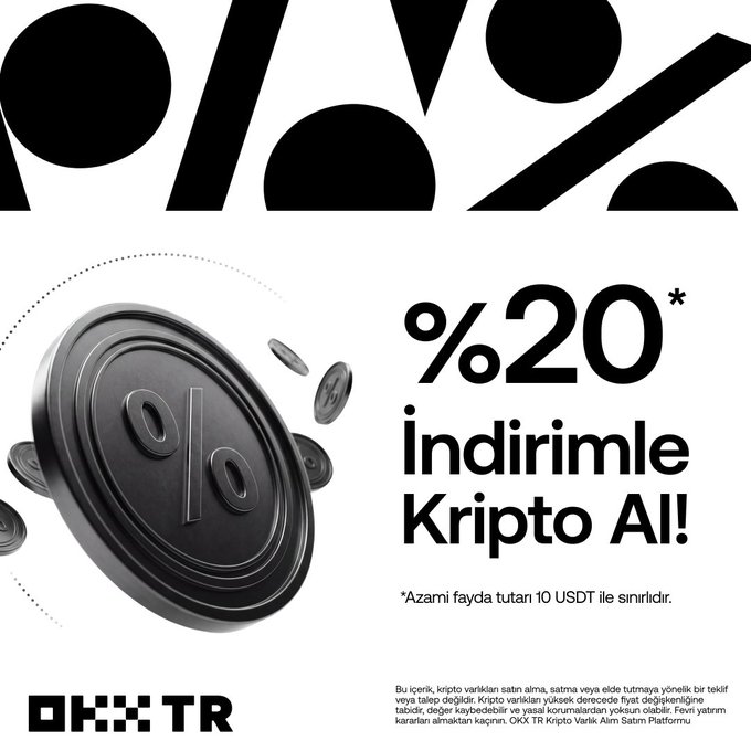 An advertisement for OKX TR offering a 20% discount on crypto purchases, featuring a black coin with a '%' symbol and Turkish text explaining terms and conditions.