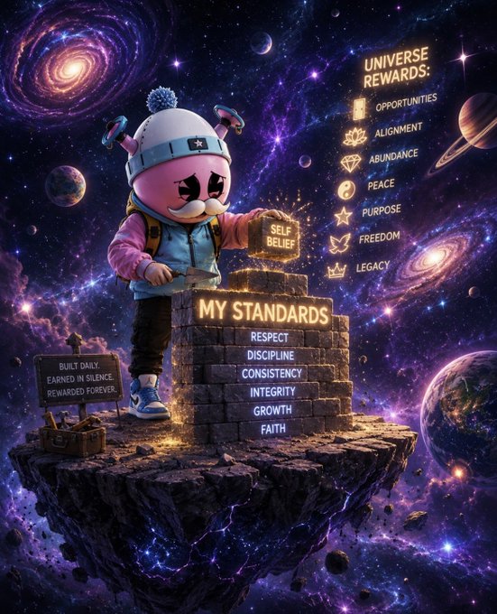 A pink cartoon character wearing a winter hat and backpack stands on a floating cosmic platform building a brick wall labeled "MY STANDARDS" with values like Respect, Discipline, Consistency, Integrity, Growth, and Faith, while a glowing "UNIVERSE REWARDS" list displays Opportunities, Alignment, Abundance, Peace, Purpose, Freedom, and Legacy—a fitting metaphor for how the fantastic @quirkiesnft community is quietly constructing personal standards that earn lasting cosmic rewards.