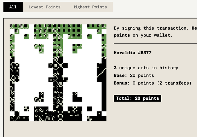 A digital art marketplace page showing 'Heraldia #6377' with a pixelated black and green artwork, displaying '3 unique arts in history', Base: 20 points, and Total: 20 points.