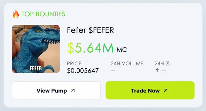 A cryptocurrency 'TOP BOUNTIES' panel displaying the token 'Fefer $FEFER' with a blue dinosaur mascot, showing $5.64M market cap, a price of $0.005647, and 'Trade Now' / 'View Pump' buttons.