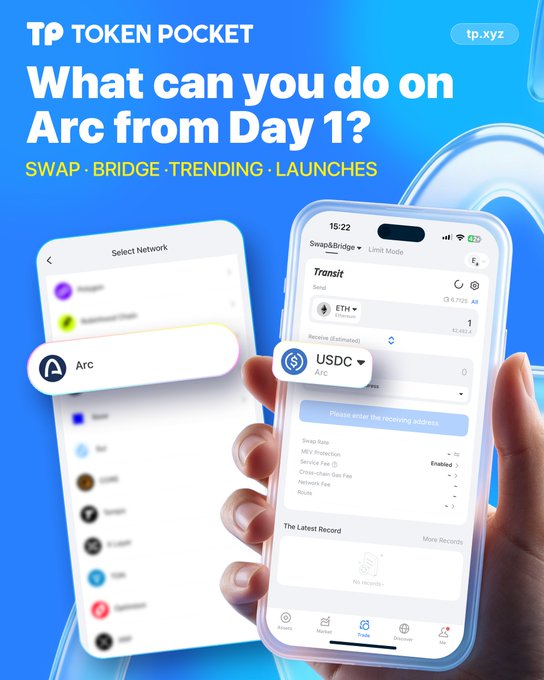 A promotional graphic for Token Pocket mobile app, highlighting features 'SWAP · BRIDGE · TRENDING · LAUNCHES' on Arc, with screenshots showing network selection and ETH to USDC transiting.