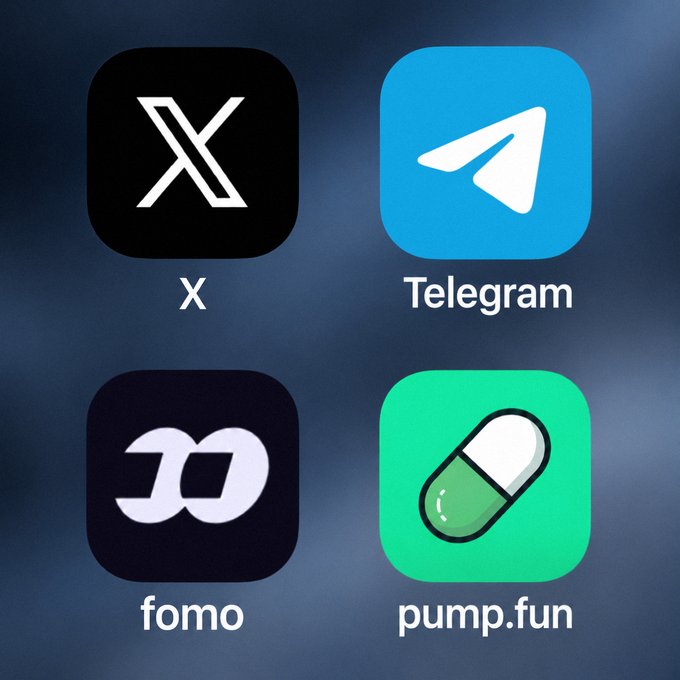 The image shows four app icons arranged in a 2x2 grid: X, Telegram, fomo, and pump.fun. This relates to the post "all you need this cycle" by showcasing a curated set of four apps that the user considers essential tools for the current crypto cycle.