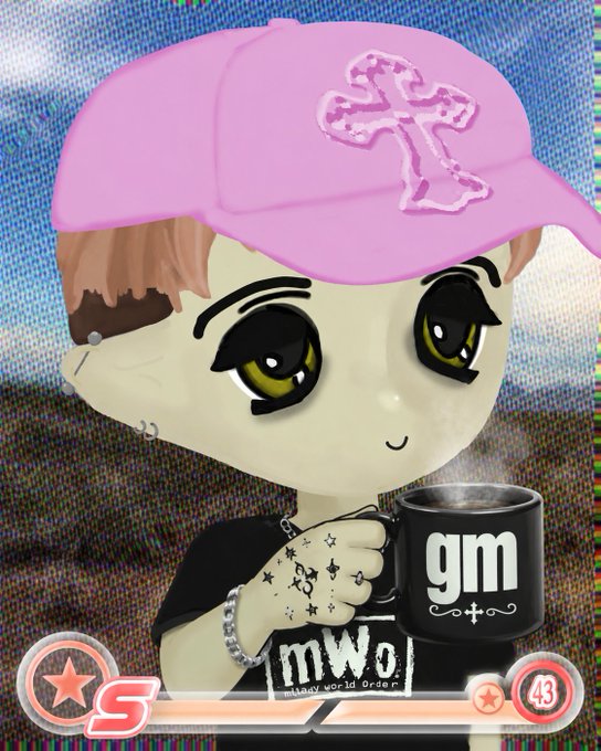 A stylized anime/3D character with a pink cap featuring a cross design, holding a black mug that says 'gm,' wearing a shirt with 'MWO' (Money World Order) visible, with an 'S' rating and level 43 displayed at the bottom.