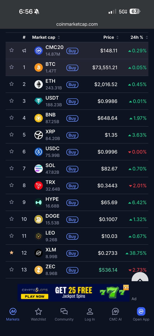The image shows a phone screen with a list of cryptocurrency symbols, including Bitcoin, Ripple, and Litecoin. The text "XLM is now #12 in market cap" is displayed at the bottom right corner of the screen. This information suggests that the user might be interested in investing or tracking these particular cryptocurrencies.
