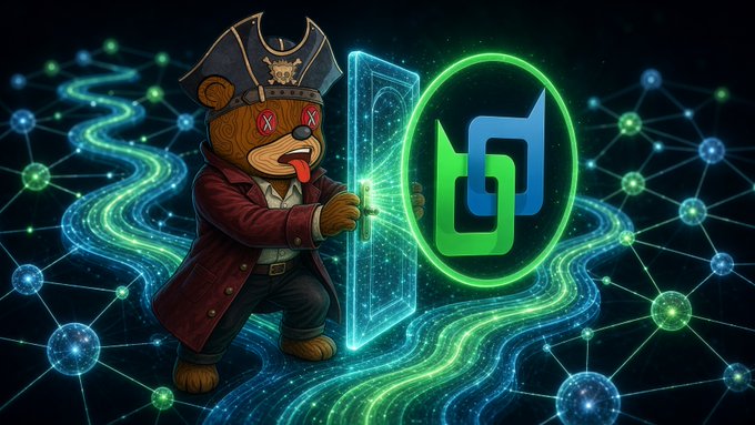A pirate bear hacker pulls open a glowing neon portal revealing the "bdx" logo, set against a cosmic web of interconnected nodes. The image visually reinforces the post's theme of BelNet's .bdx names and BNS records creating private, decentralized entry points that route requests through anonymous onion-like pathways rather than through traditional hosted servers.