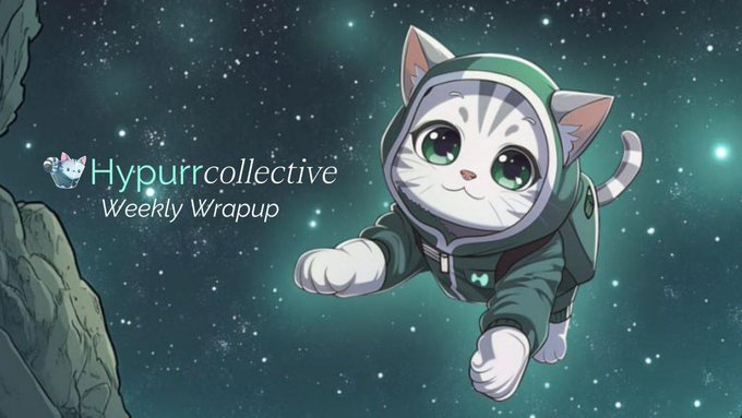 The image features a cartoon cat wearing a green jacket, flying through space with its arms outstretched as if embracing the stars. The background of the image is filled with stars, creating an otherworldly atmosphere. In the bottom right corner of the image, there's text that reads "HypurrCollective Weekly Wrapping".