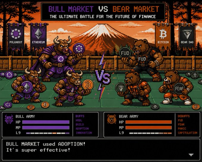 The image features a cartoon scene of a group of bears fighting each other, with one bear holding a coin while another bear has a shield. The bears are dressed in armor and appear to be engaged in combat over a coin. In the background, there is a mountain range and a banner that reads "Bull Market vs Bear Market". A text box below the image states "Do you remember this game? :-). Crypto market will be bullsih soon!".