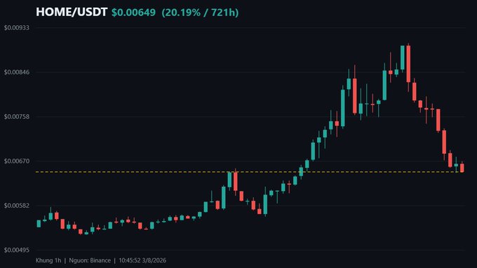 HOME/USDT cryptocurrency chart on Nguon Binance showing a 20.19% gain over 721 hours, with the price at $0.00649.