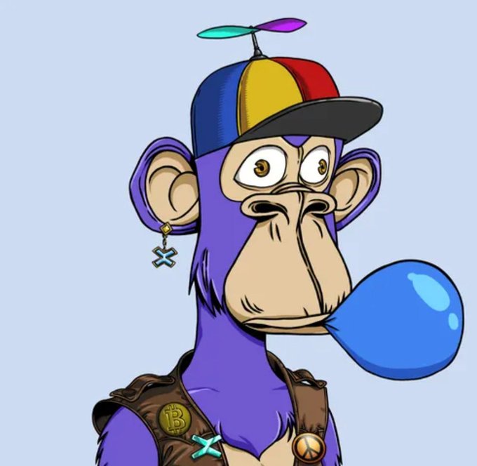 A digital cartoon illustration of a purple monkey wearing a propeller beanie cap, blowing a blue bubble gum bubble, with a Bitcoin (B) logo pin on its vest.