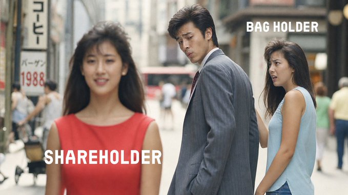 The "Distracted Boyfriend" meme is overlaid with labels: "SHAREHOLDER" on the woman in red, "BAG HOLDER" on the man in the suit, and "BAG HOLDER" on the woman in blue, visually illustrating the post's point that regardless of who holds the vault card, the ETH rewards follow the card itself—not the shareholder or any particular bag holder.
