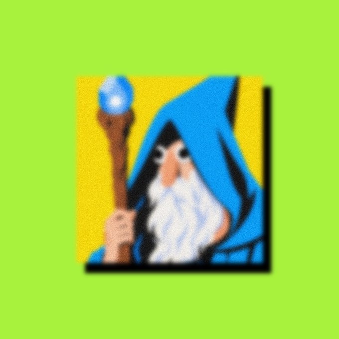 A pixelated, low-resolution graphic of a wizard with a white beard, blue robe, and a wooden staff topped with a glowing blue orb, set against a bright green background.