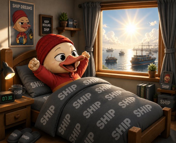 A cartoon duck character in a red hoodie excitedly waking up in bed, with 'SHIP' repeated on the blanket and pillows, while ships are visible through the window; the wall art reads 'SHIP DREAMS' and 'KEEP HOODING SHIP'.