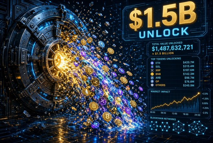 A digital promotional graphic announcing a '$1.5B UNLOCK' with a total value unlocked of $1,487,632,721, showing top tokens unlocking including ETH ($420.7M), SOL ($315.4M), and XRP ($187.6M), alongside a market impact chart.