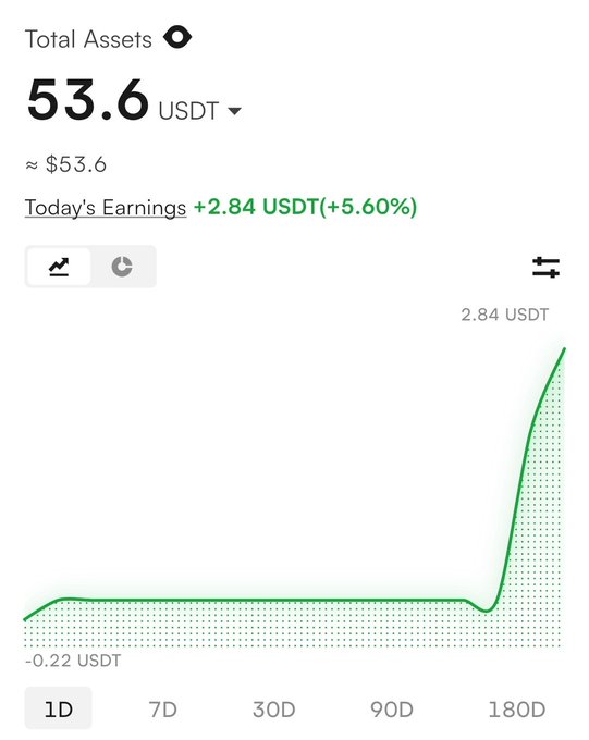 A cryptocurrency portfolio screen showing Total Assets of 53.6 USDT, with a green line chart indicating Today's Earnings of +2.84 USDT (+5.60%) and a low of -0.22 USDT.