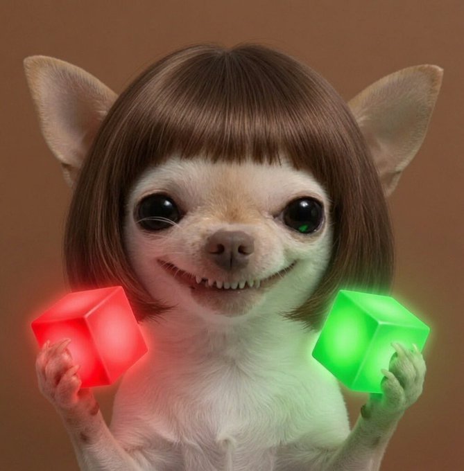 The image features a small dog with brown hair, wearing a wig that looks like human hair. The dog has two cubes of light green and red color lights attached to its ears, making it look like it's wearing earrings or holding a pair of earrings in each ear. The caption reads "Happy Friday fams Momentum is building behind closed doors. @Epileptic_CULT on Solana about to open them wide."